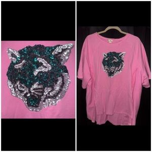 Fantastic Fawn Pink Sequin Panther Oversized Hi-Low Top